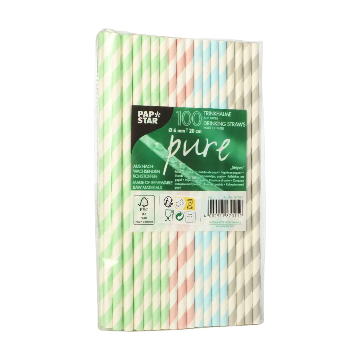 Cocktail Papierstrohhalm "Stripes" | Ø 6 mm x 20 cm - Papstar Pure (100 Stk)