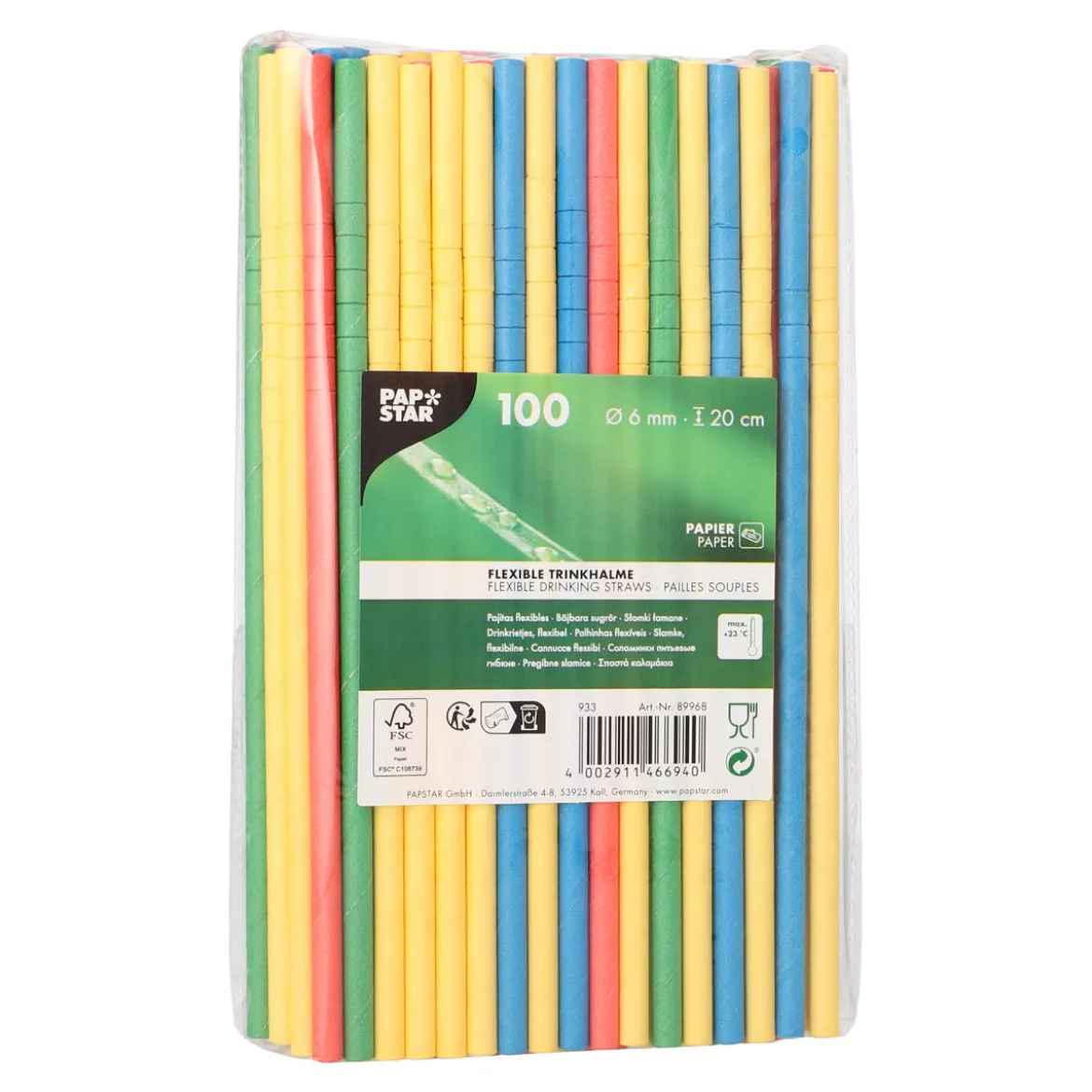 Papierstrohhalm biegbar | Bunt - Ø 6 mm x 22 cm - Papstar Pure (100 Stk)