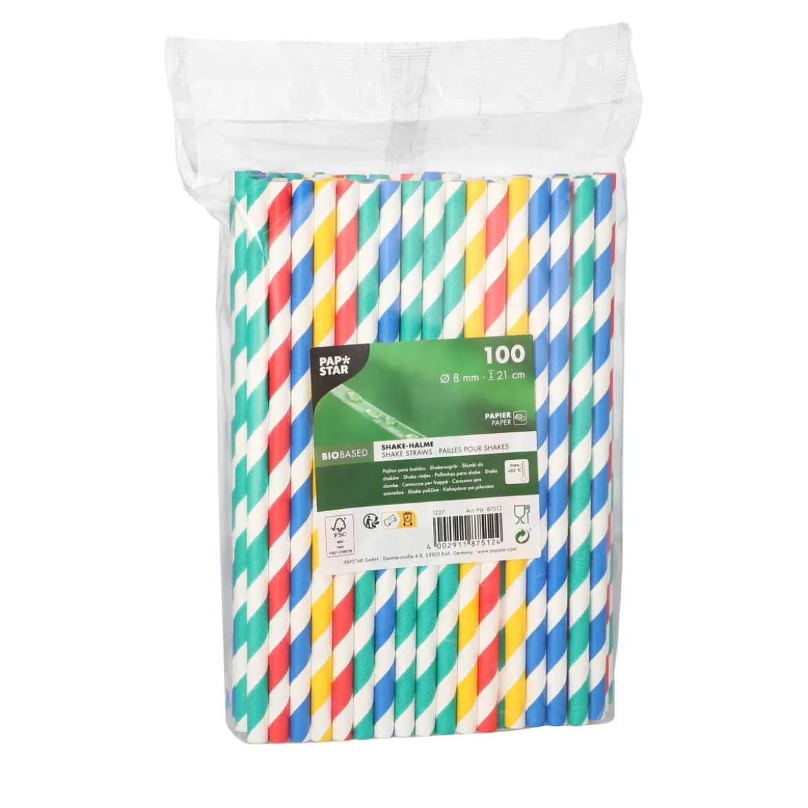 Shake Papier-Trinkhalm | Gestreift - Ø 8 mm x 21 cm - Papstar Pure (100 Stk)